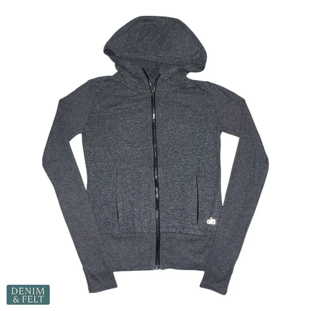 Alo Yoga Ribbed Sleeve Full Zip‎ Performance Hoodie Zipper Pockets Heather Gray